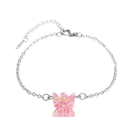 Ocelový náramek s přívěskem anděla ze syntetického růžového opálu
