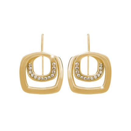 Zlaté ocelové provlékací náušnice dvojitý zaoblený čtverec s krystaly Swarovski Golden Shadow