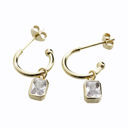 Pozlacené stříbrné náušnice puzety půlkruh s obdélníkovým Kubickým zirkonem Crystal (Stříbro 925/1000)