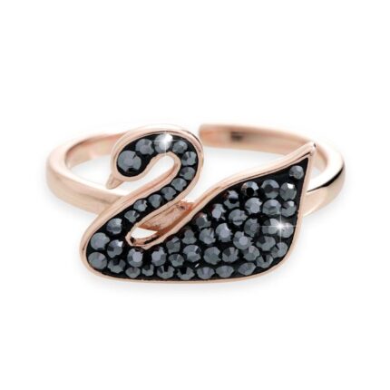 Stříbrný růžově zlatý prsten s motivem labutě a krystaly Swarovski Hematite (Stříbro 925/1000)