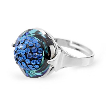 Stříbrný prsten s kruhovým krystalem a zdobeným středem krystaly Swarovski Bermuda Blue (Stříbro 925/1000)