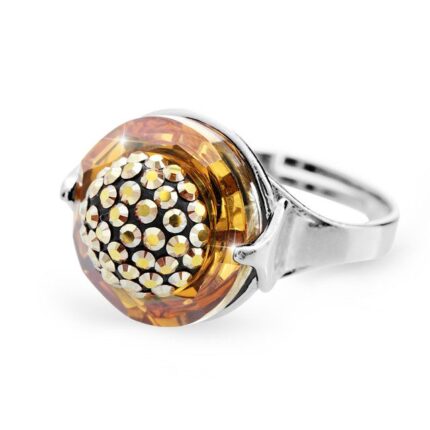 Stříbrný prsten s kruhovým krystalem a zdobeným středem krystaly Swarovski Topaz (Stříbro 925/1000)