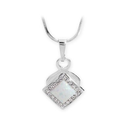 Stříbrný okrasný náhrdelník s bílým čtvercovým opálem a krystaly Swarovski Crystal (Stříbro 925/1000)