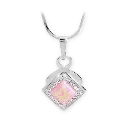 Stříbrný okrasný náhrdelník s růžovým čtvercovým opálem a krystaly Swarovski Crystal (Stříbro 925/1000)