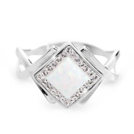 Stříbrný okrasný prsten s bílým čtvercovým opálem a krystaly Swarovski Crystal (Stříbro 925/1000)