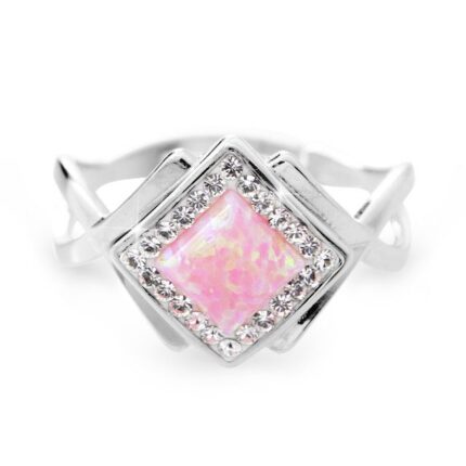 Stříbrný okrasný prsten s růžovým čtvercovým opálem a krystaly Swarovski Crystal (Stříbro 925/1000)
