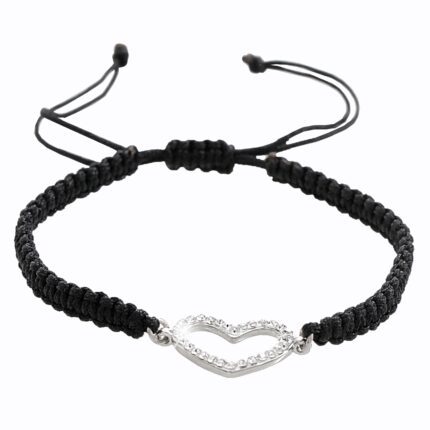 Pletený náramek ze šňůrek se stříbrným přívěskem srdce a krystaly Swarovski Crystal (Stříbro 925/1000)