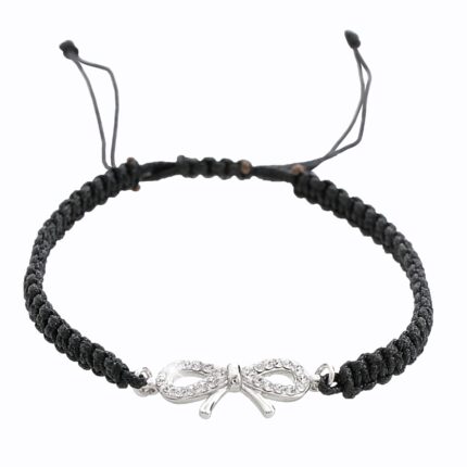 Pletený náramek ze šňůrek se stříbrným přívěskem mašle a krystaly Swarovski Crystal (Stříbro 925/1000)