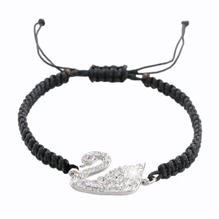 Pletený náramek ze šňůrek se stříbrným přívěskem labutě a krystaly Swarovski Crystal (Stříbro 925/1000)