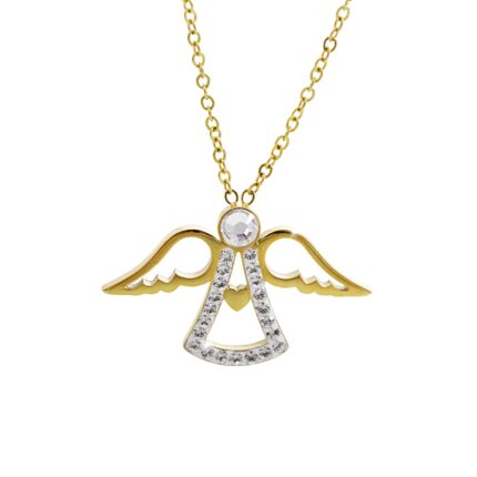 Zlatý ocelový náhrdelník anděl v letu se srdíčkem a s krystaly Swarovski Crystal