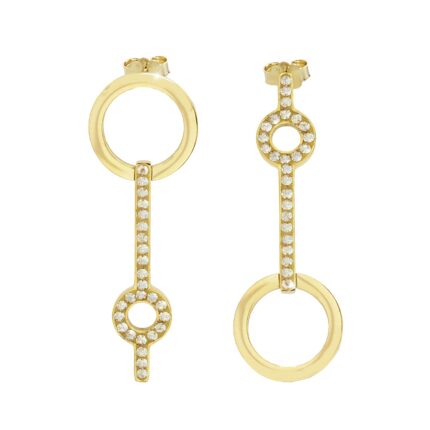 Zlaté ocelové náušnice puzety dva kruhy spojené čárkou osázené krystaly Swarovski Golden Shadow