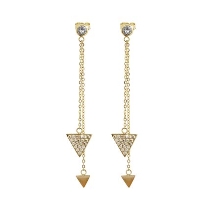 Zlaté ocelové náušnice puzety dva trojúhelníky na řetízku s krystaly Swarovski Crystal