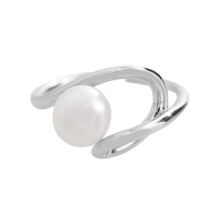 Stříbrný prsten s říční perlou vsazenou do vlnky z kovu White (Stříbro 925/1000)