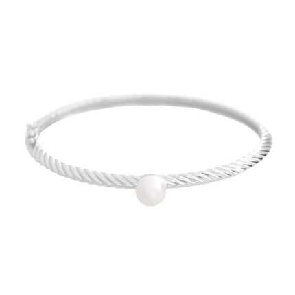 Stříbrný náramek s říční perlou na kovové zdobené obruči White (Stříbro 925/1000)