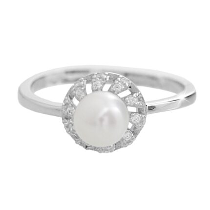 Stříbrný prsten s říční perlou a obvodem Kubických zirkonů Crystal (Stříbro 925/1000)