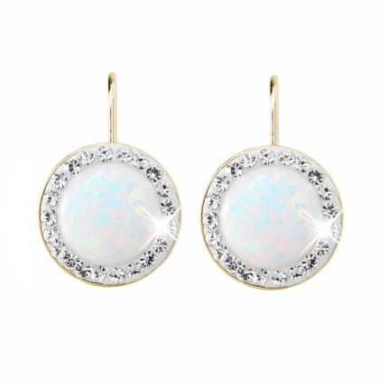 Pozlacené stříbrné náušnice klapky s kulatým opálem a krystaly Swarovski White velké (Stříbro 925/1000)