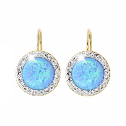 Pozlacené stříbrné náušnice klapky s kulatým opálem a krystaly Swarovski Blue velké (Stříbro 925/1000)