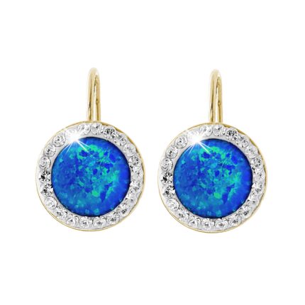 Pozlacené stříbrné náušnice klapky s kulatým opálem a krystaly Swarovski Dark Blue velké (Stříbro 925/1000)