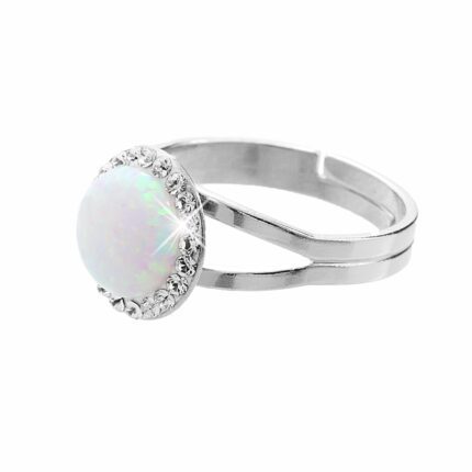 Stříbrný prsten s kulatým opálem a krystaly Swarovski White velký (Stříbro 925/1000)