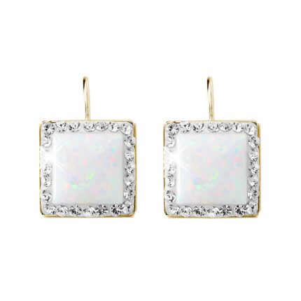 Pozlacené stříbrné náušnice klapky s čtvercovým opálem a krystaly Swarovski White velké (Stříbro 925/1000)