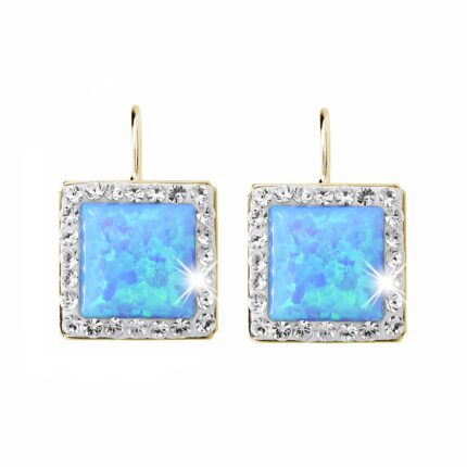 Pozlacené stříbrné náušnice klapky s čtvercovým opálem a krystaly Swarovski Blue velké (Stříbro 925/1000)