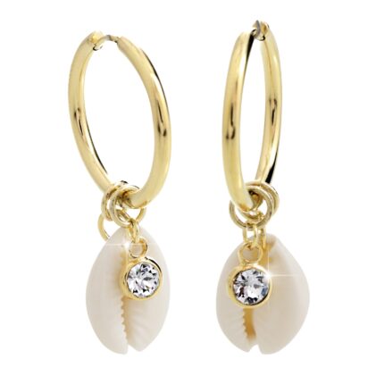 Zlaté ocelové náušnice kruhy s přírodní mušlí a s krystalem Swarovski Krystal