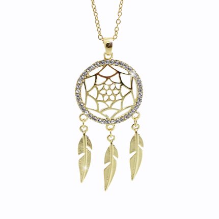 Zlatý ocelový náhrdelník s prořezávaným lapačem snů a s krystaly Swarovski Crystal