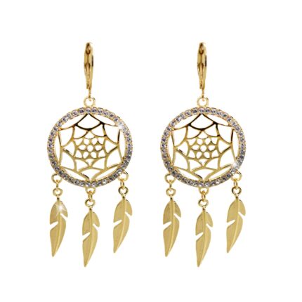 Zlaté ocelové náušnice klapky s prořezávaným lapačem snů a s krystaly Swarovski Crystal