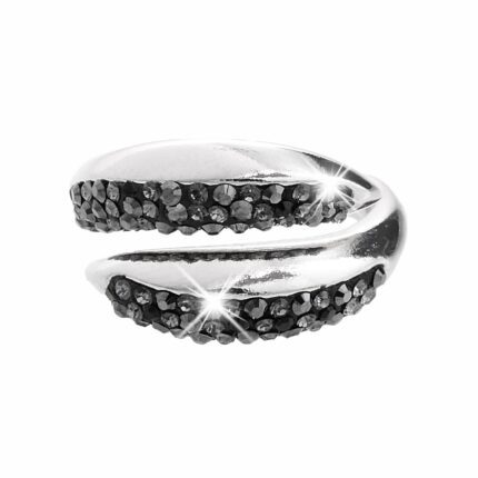 Stříbrný prsten úzké překřížené kapky půlka osázená krystaly Swarovski Jet (Stříbro 925/1000)