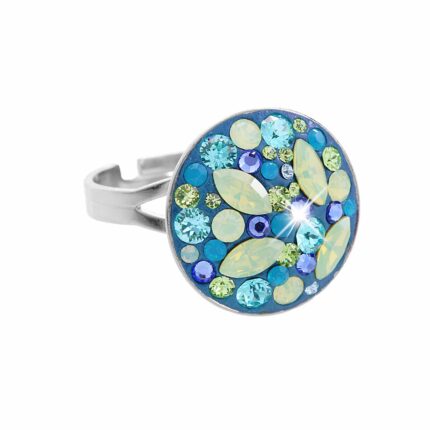 Stříbrný prsten kulaté lůžko s krystaly Swarovski Aqua mix (Stříbro 925/1000)
