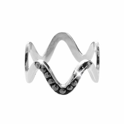 Stříbrný prsten vlnitý zdobený jednou řadou krystalů Swarovski Hematit (Stříbro 925/1000)