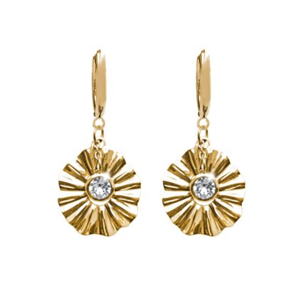 Zlaté ocelové náušnice kruhy s vlnitým květem zdobené krystalem Swarovski Crystal