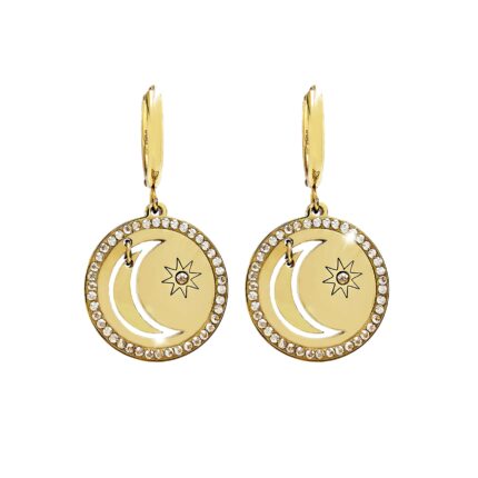 Zlaté ocelové náušnice kruhy slunce a pohyblivý měsíc s krystaly Swarovski Golden Shadow