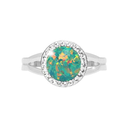 Stříbrný prsten s kulatým opálem a krystaly Swarovski Mix Green velký (Stříbro 925/1000)