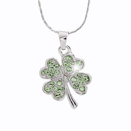 Náhrdelník z bižuterní slitiny čtyřlístek osázený drobnými krystaly Swarovski Peridot